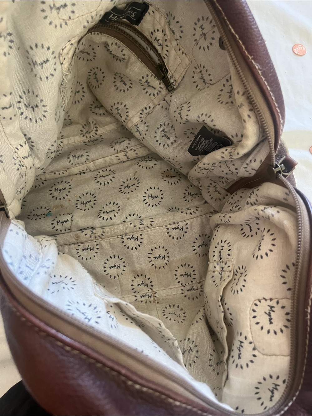 Myra Bag Brown Leather Messenger with Printed Lining and long handles - Picture 2 of 6